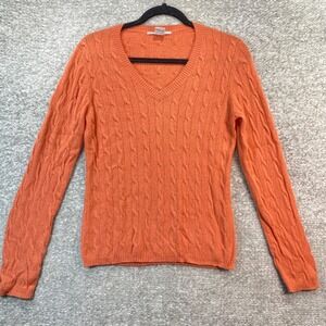 Evelyn Grace Cashmere Cable Knit V Neck Sweater Orange Women's Size Medium